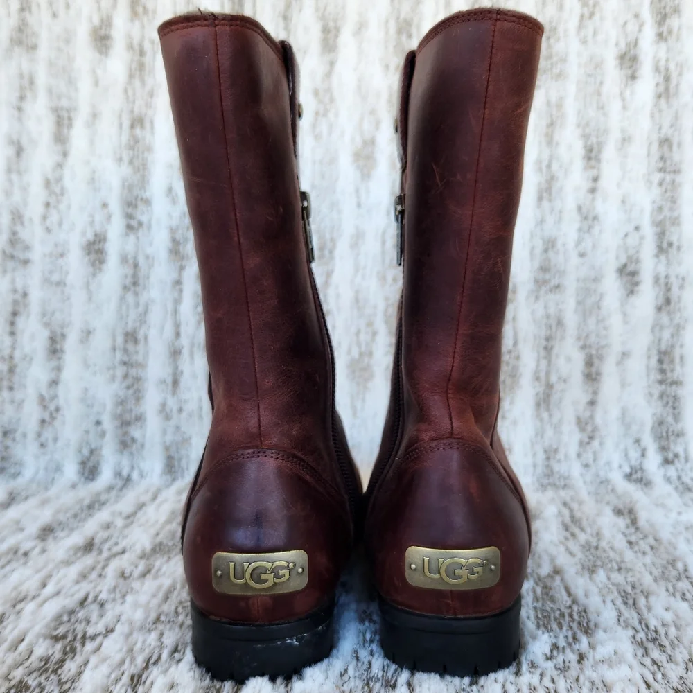 UGG Australia 'Burroughs' Waterproof Leather Boot Sherpa Brown Women's Size 6.5